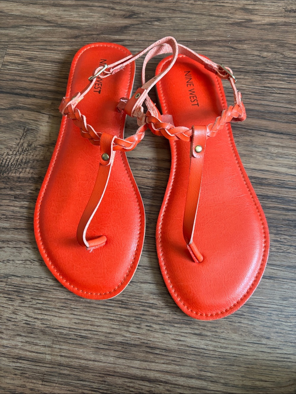 NINE WEST Orange Braided T-Strap Thong Sandals Flat Size 8M Coral